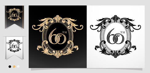 illustration of 60th with floral frame Ellipse element with isolated background, applicable for letterpress, embroidery, invitation wedding anniversary, greeting card, and emblem design.	