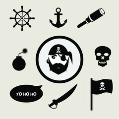 Pirate items flat vector illustrations set. Anchor, spyglass, saber,bomb and  scull steering wheel isolated color pack. Symbols of piracy. Bundle pirate.