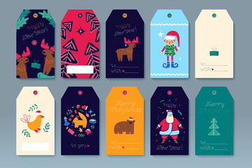 Merry Christmas set of gift tags, template greeting cards, labels. Happy New Year cute cartoon illustration. Vector