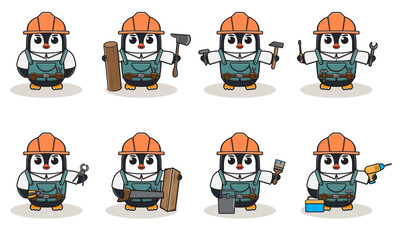 Cute cartoon of Penguin being a handyman. Character animal. Cartoon style Handyman with the tools. Children's illustration.