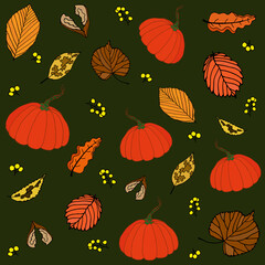 vector background, leaves, seeds and pumpkins