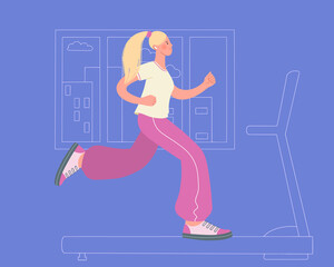 Fototapeta na wymiar Beautiful girl running on a treadmill at home. Sports at home. Healthy lifestyle concept.