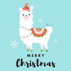 llama wearing santa claus hat  and ornament vector illustration.