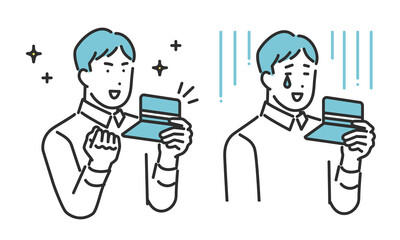 通帳を見て喜んだり落ち込んだりする男性のイメージイラスト素材