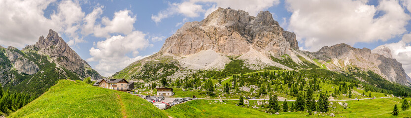 Panoramic view at the Falzarego Pass in South Tyrol Dolomites - Italy