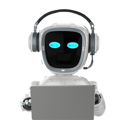 cyborg or robot assistant work with computer notebook