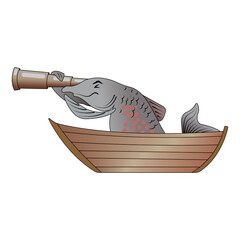 The fish in the boat looks through the spyglass, vector image on a white background.