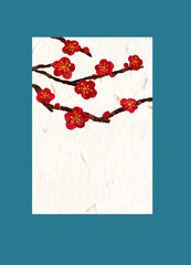 和紙の背景に切り絵の梅