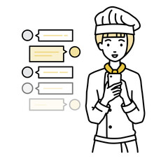 立ってスマートフォンで楽しくチャットで会話する調理師の女性