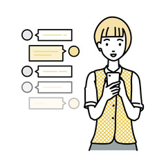 立ってスマートフォンで楽しくチャットで会話する事務員制服の女性