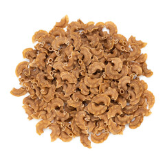 Beautiful decomposed raw pasta with a bottom on a white background.