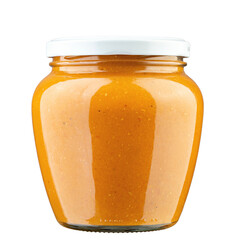 The glass jar with squash caviar on white background. Canned food.