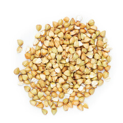 Dry buckwheat on white background.
