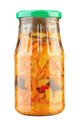Glass jars with canned vegetables, lecho on white background. Homemade canned food. Canning and storage of products in the cellar. File contains clipping path.