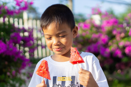 Portrait​ image​ of​ 5-6​ years​ old​ of​ child​.​ Happy​ Asian​ child​ boy​ eating​ and​ holding​ a​ watermelon​ in​ his​ hands.​ Summer​ season.​ Food​ and​ kid.