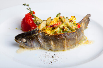 BBQ fish stuffed with vegetables and cheese