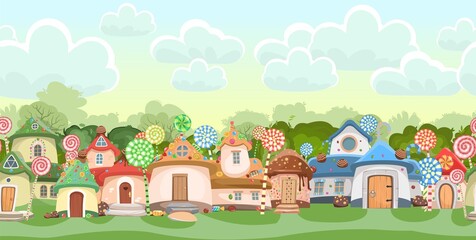 Village of gnomes. Sweet caramel fairy house. Summer cute landscape. Seamless horizontal Illustration in cartoon style flat design. Picture for children. Vector