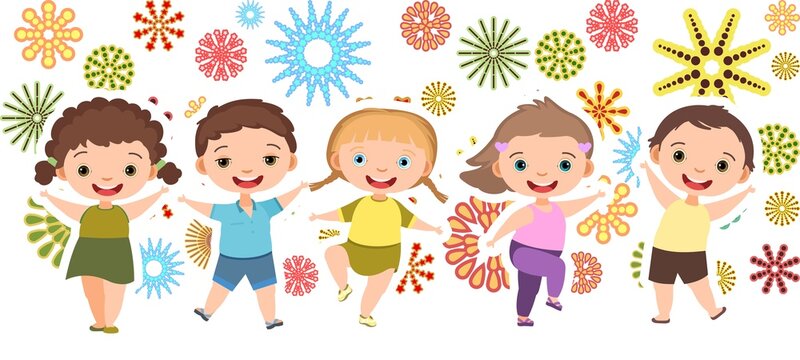 Children dance joy. Happy childhood. Firework. Little boys and girls. Kid is jumping for joy at the party. Nice kid. Cartoon style. Isolated on white background. Vector
