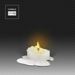 Realistic burning white candle on a transparent background. 3d candle with melting wax, flame and halo of light. Vector illustration with mesh gradients. EPS10.