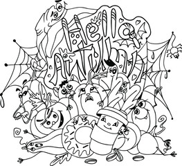 Dudling Hello Autumn. Characters with eyes. Pumpkins with emotions, spider web, leaves, coffee, donut. Linear vector drawing.