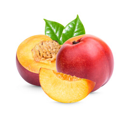 Nectarine with leaves isolated on white background