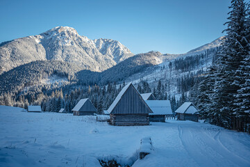 Polana Chochołowska in early morning, Western Tatra Mountains, Poland. Old abandoned agricultural buildings in snow. Selective focus on the exterior of buildings, blurred background.
