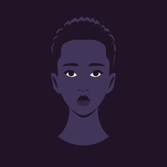Portrait of an African teenage on a dark background. Gender fluency. Mystical avatar. Vector illustration in flat style.