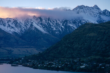 Sunset landscape of The Remarkables mountains in Queenstown, New Zealand.