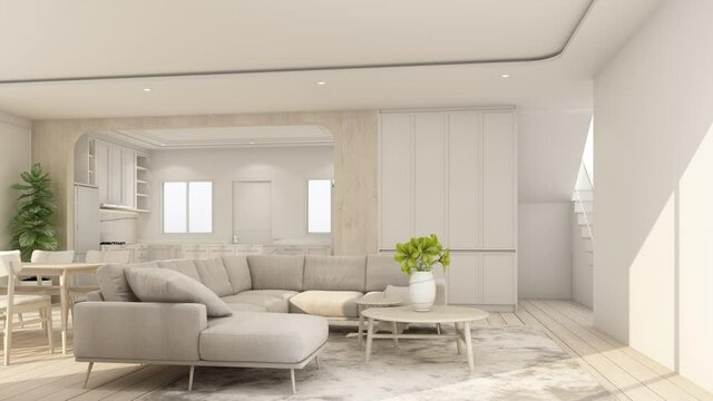 interior on wooden floor with white classic feature wall in large room at minimal house and sky light window of living dining and kitchen room with furniture set in cozy style 3d render stop motion