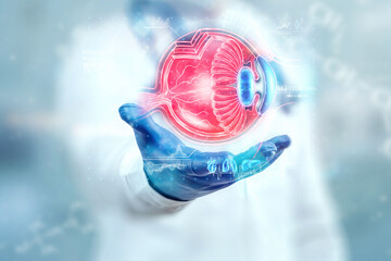 Realistic human eye hologram, doctor checks eyesight. Vision concept, laser eye surgery, catheract,...