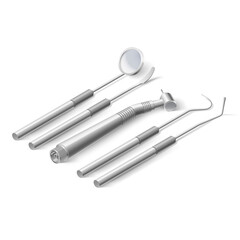 Basic Dentist Instruments and Tools Laid out Against White Background. An Isometric Set of Metal Medical Equipment for Teeth Dental Care. Dental Hygiene and Healthcare Concept