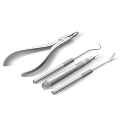 Basic Dentist Instruments and Tools Laid out Against White Backdrop. An Isometric Set of Medical Equipment for Teeth Dental Care. Dental Hygiene and Healthcare Concept