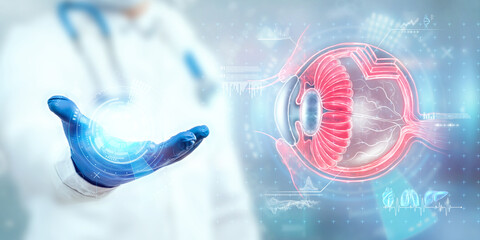 Realistic human eye hologram, doctor hand checking vision. The concept of healthcare, vision,...