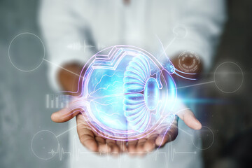 Realistic human eye hologram, doctor checks eyesight. Vision concept, laser eye surgery, catheract, ostegmatism, modern ophthalmologist.
