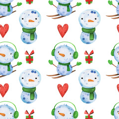 Cute winter merry christmas new year seamless pattern hand drawn in watercolor with snowman, scarf. December cozy atmosphere on Boxing Day