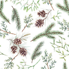 Beautiful floral christmas seamless pattern with hand drawn watercolor winter forest spruce branch and cone. Stock 2022 winter illustration.