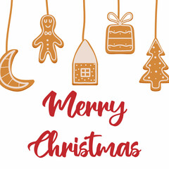 Hand-drawn illustration of gingerbread tree. Christmas card. Christmas template for text.