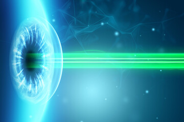 Realistic human eye hologram and medical laser beam. The concept of laser eye surgery, vision, catheract, ostegmatism, modern ophthalmologist. 3D illustration, 3D render - obrazy, fototapety, plakaty
