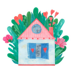 Rustic house on a background of pink flowers. Cozy postcard. Stay home.