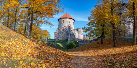 Medieval castle in autumn. Autumn landscape of fortress with stone towers surrounded by yellow and orange trees. Cesis castle in Latvia. - obrazy, fototapety, plakaty