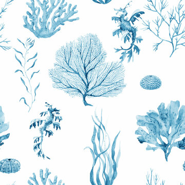 Beautiful vector seamless underwater pattern with watercolor sea life coral shell and starfish. Stock illustration.
