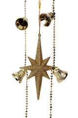 Golden Christmas star and bells on a chain.