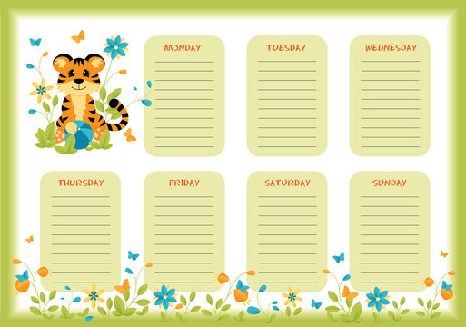 School weekly and daily planner with cute little tiger in colorful spring and summer design. Flat vector illustration of a schedule pages.