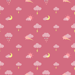 rainbow rain with moon and sun from cloud fabric seamless cute pattern in pink background