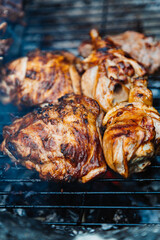 Close up fresh meat kebabs on skewers