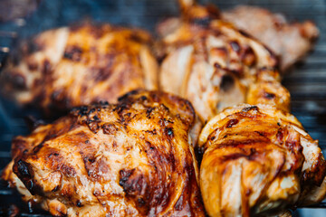Close up fresh meat kebabs on skewers