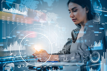 Businesswoman with phone in hands, hud with earth map and diverse digital icons