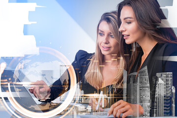 Woman finger touch hud at earth globe, bar chart with buildings