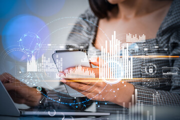 Businesswoman with phone in hand, hud with earth map and diverse digital icons