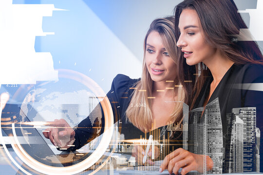 Woman finger touch hud at earth globe, bar chart with buildings